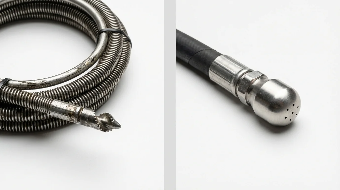 Drain snake cable and hydro jetting nozzle used for drain cleaning in Oak Grove, LA