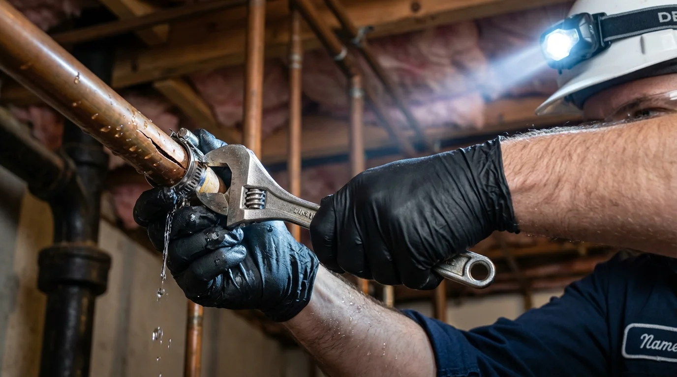 Emergency pipe clamp repair being performed by a Johns Plumbing LLC plumber in Oak Grove