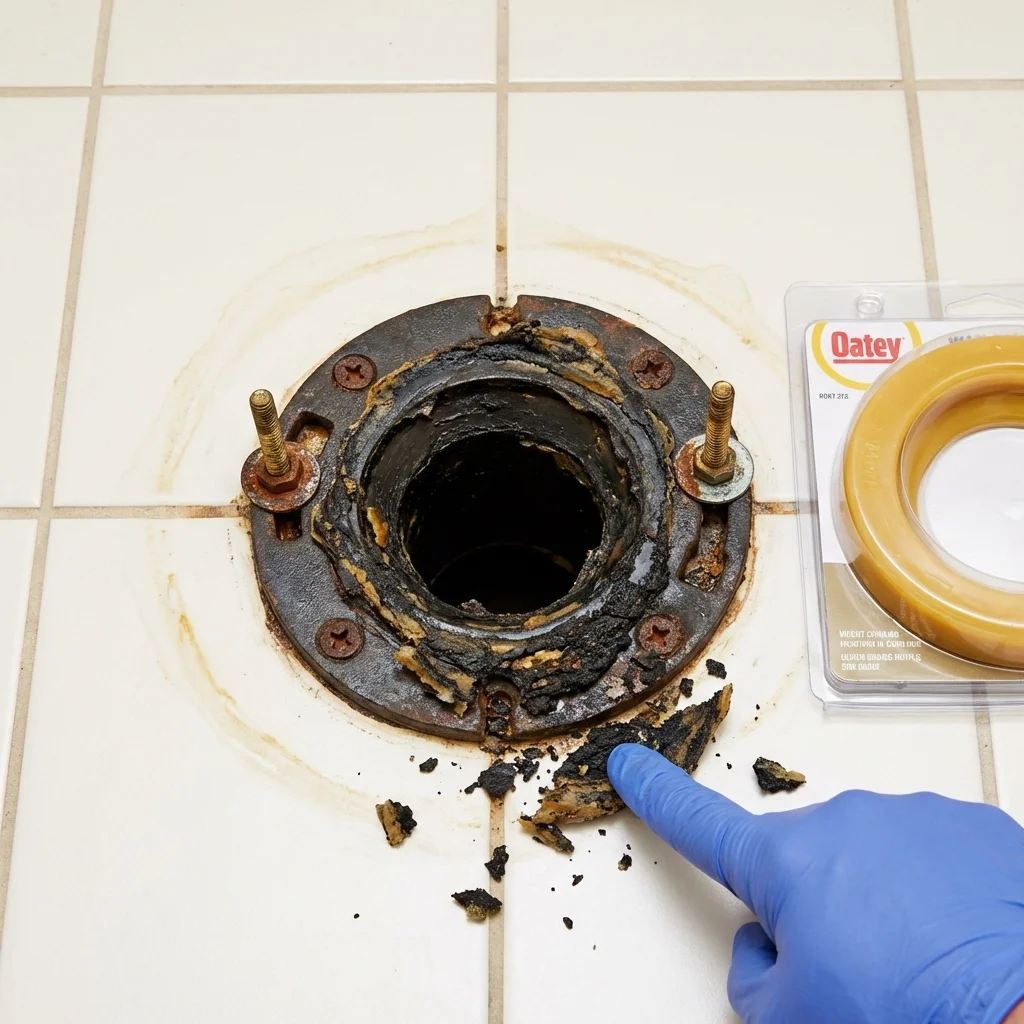 Failed wax ring showing water seepage at the base of a toilet in a Oak Grove, LA home