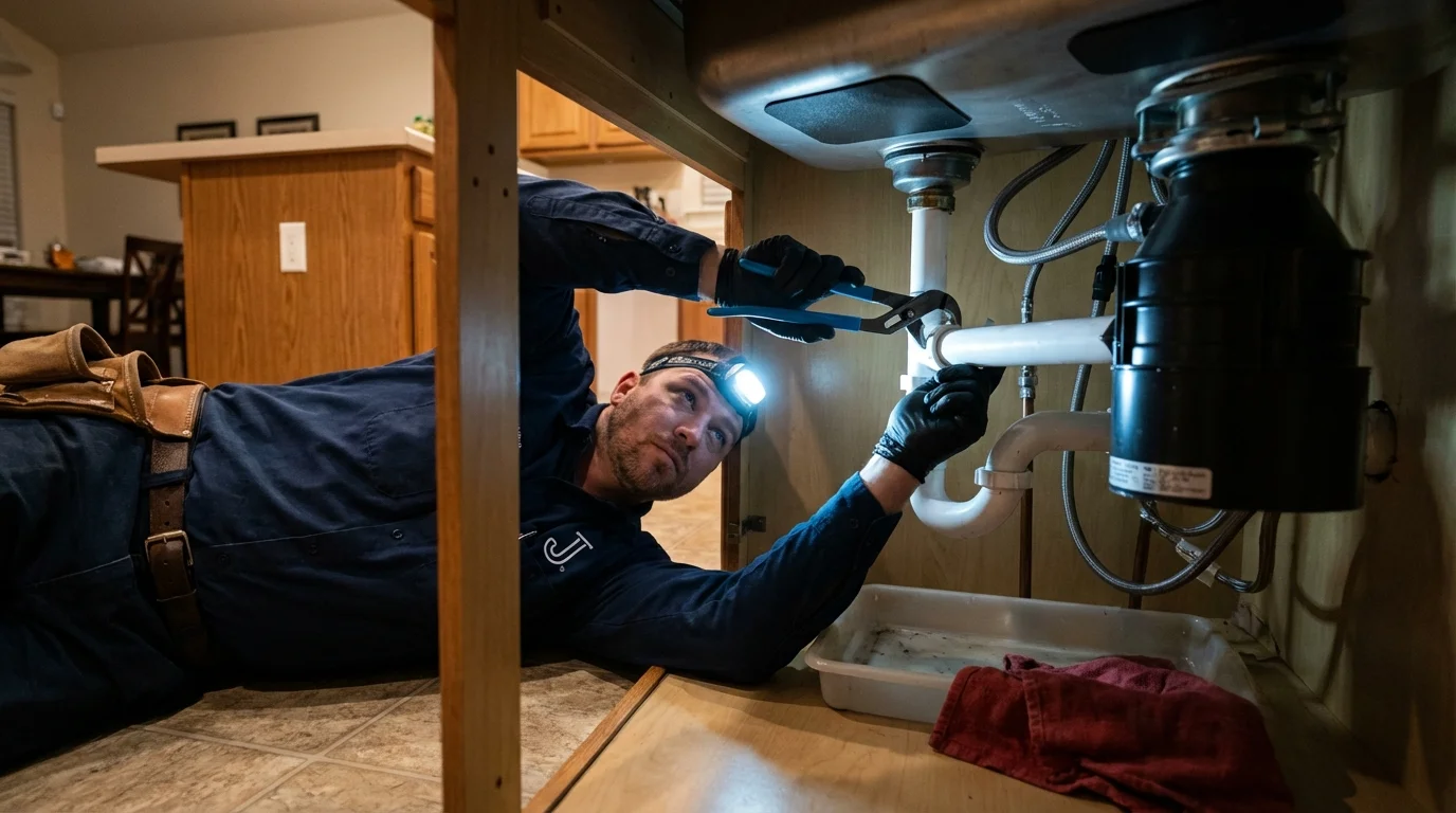 P-trap and supply line connections under a kitchen sink showing a common leak point in Oak Grove, LA